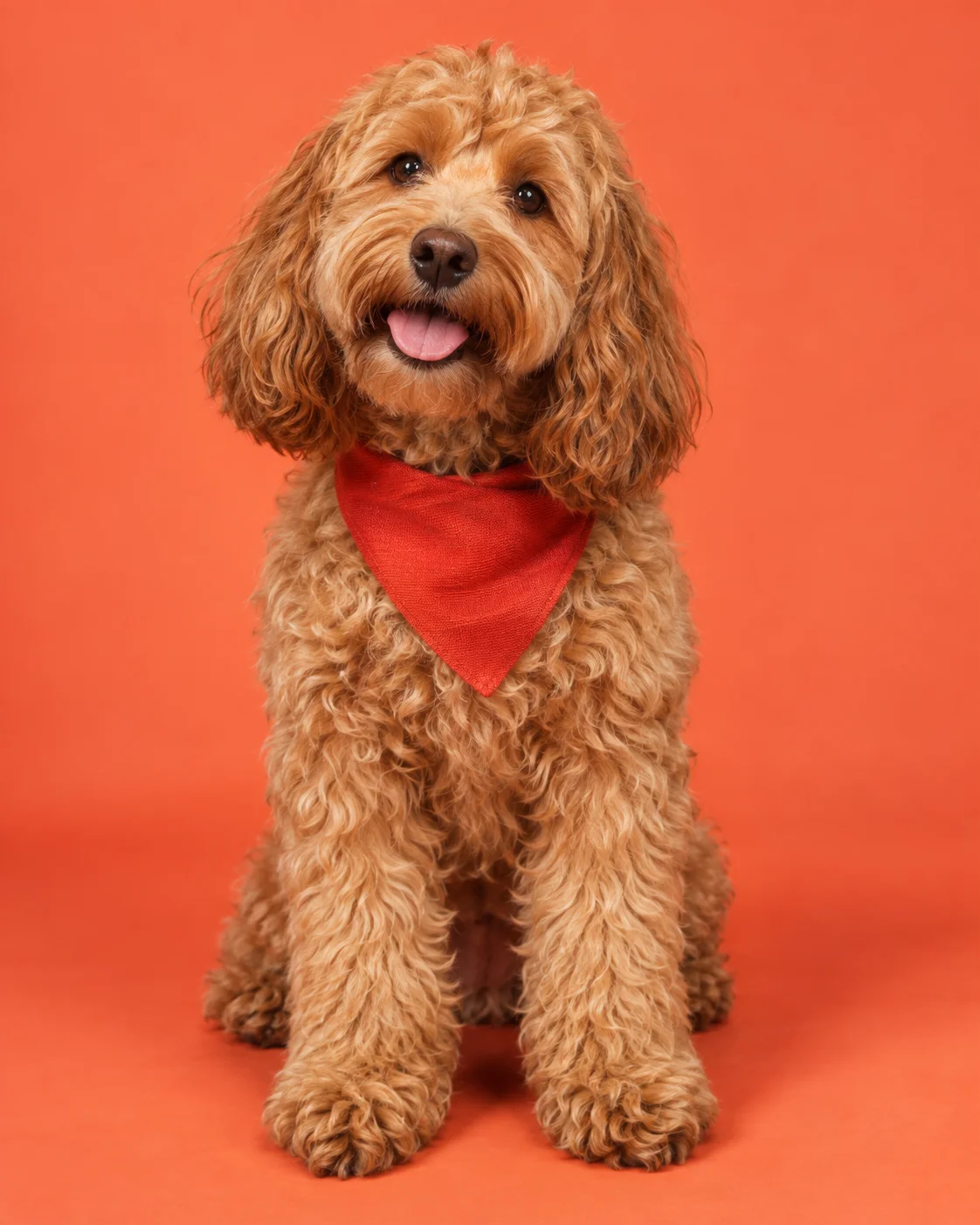 Milo, a caramel cockapoo in a red bandana, freshly groomed