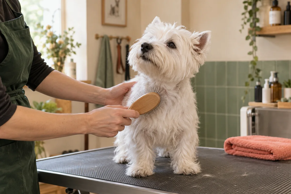 Otto, a white Westie, being brushed in the salon